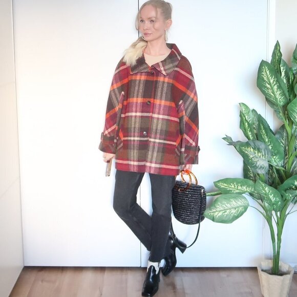 Talbots Multicolor Orange, Burgundy & Brown Wool Plaid Coat Size 16w - Picture 1 of 16